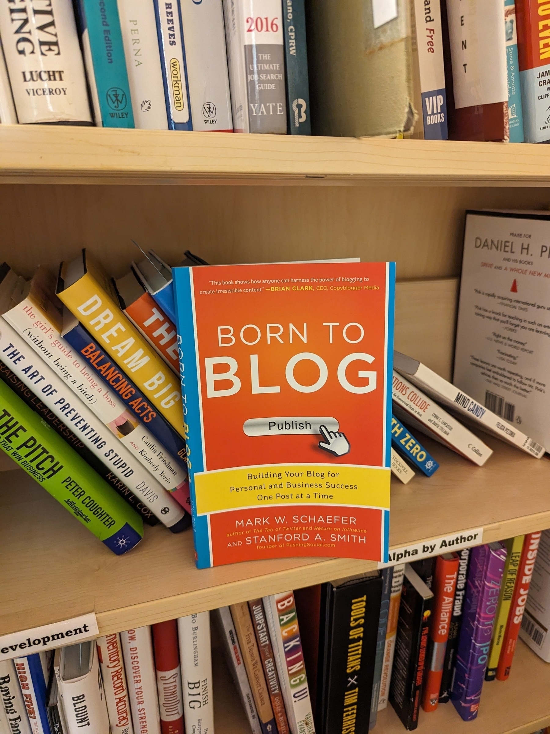 A book titled Born to Blog sits turned outward on a bookshelf in front of other books.