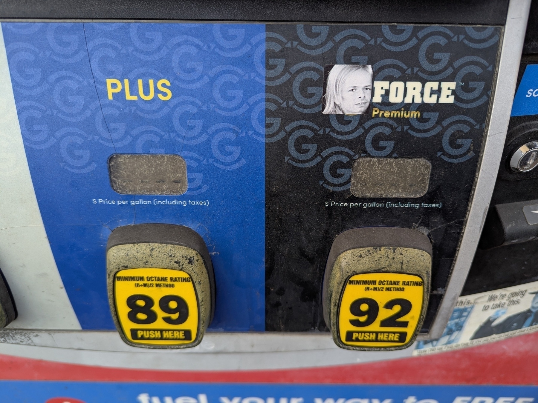 A gas pump displays two fuel options labeled "Plus" and "Force Premium" with their respective octane ratings and pricing.
